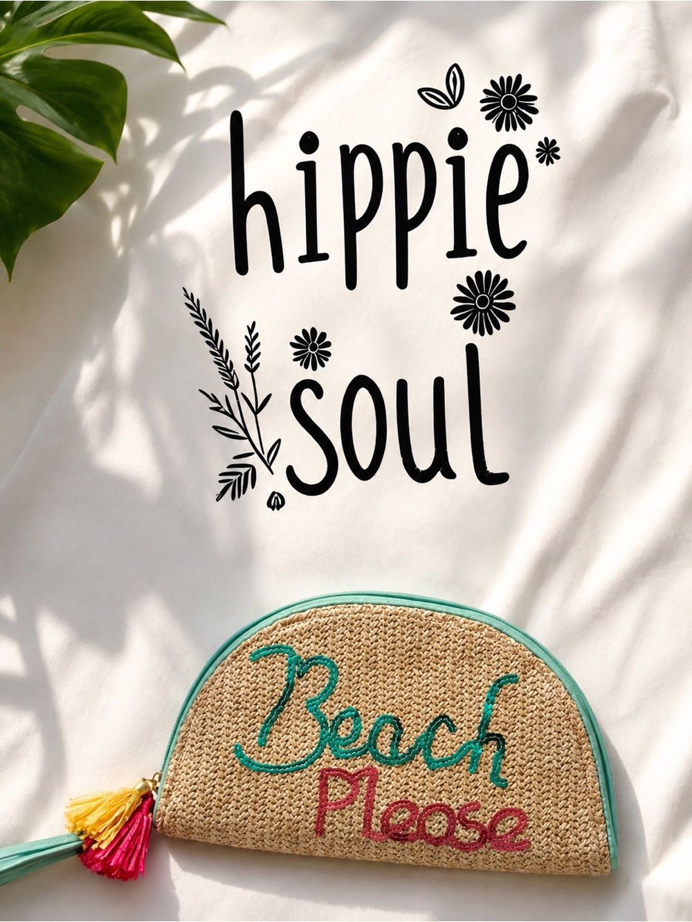 Beach Please Straw Clutch / Wristlet – Tan with Teal & Pink Embroidery